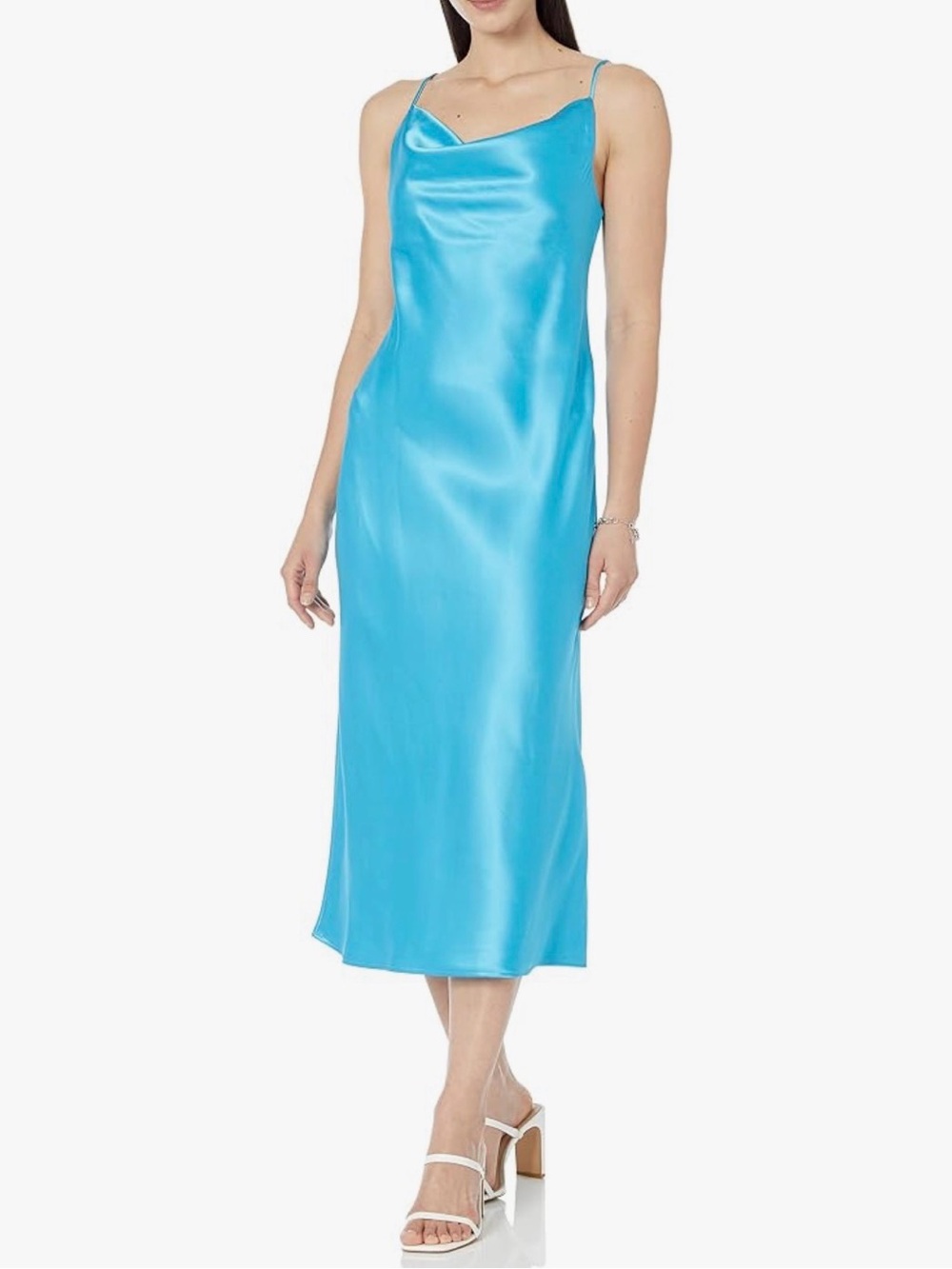 The Drop Cowl Neck Satin Slip Midi Dress Semi-Formal Party Ocean Blue XXS NWT